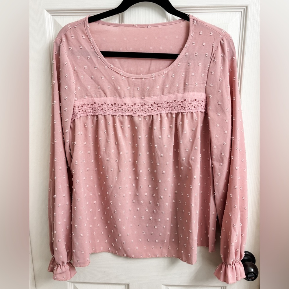Pink Top Blouse Swiss Dot Long Sleeve Dressy Medium Spring Preppy